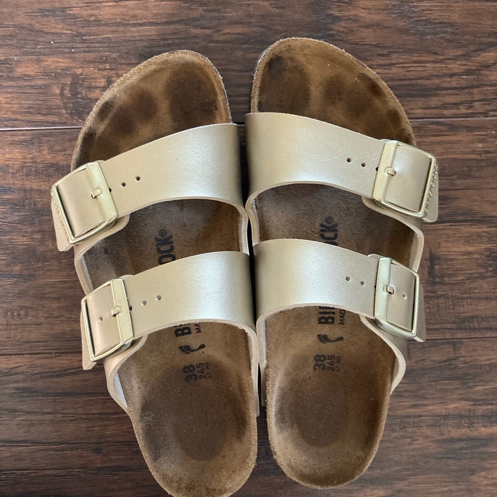 Gold Birkenstock Arizona Slides, Size 38, 245